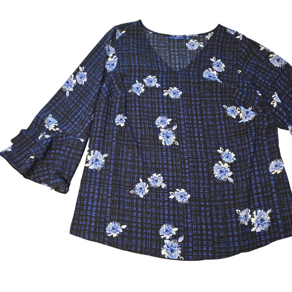 APT. 9 Shirt Womens 0X Blue Floral Bell Sleeve Stretch Blouse Top Polyester